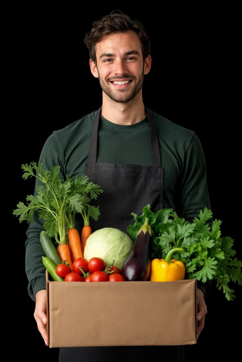 Bénévole souriant tenant une boîte d'épicerie fraîche